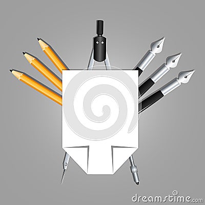 Office heraldry. composition with paper, compasses, pencil and pen. Vector Image. Cartoon Illustration