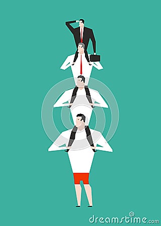 Office Hierarchy. Business pyramid. company structure. Boss sitting on shoulders on subordinates. Managers hold head. Vector Illustration