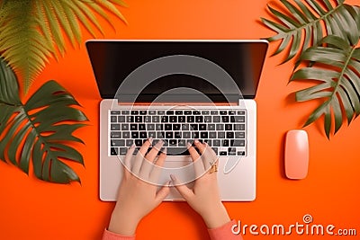 computer background hand business office leaf keyboard laptop palm orange remote. Generative AI. Stock Photo