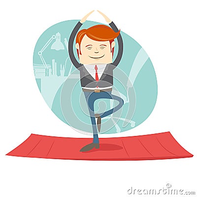 Office hipster man practicing tree yoga pose near his workplace Vector Illustration