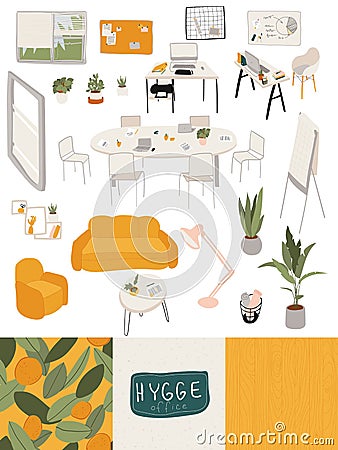 Office in hygge style, furniture and accessories for cozy workplace, vector illustration Vector Illustration