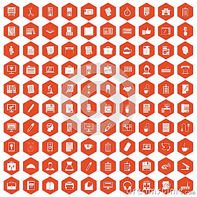100 office icons hexagon orange Vector Illustration