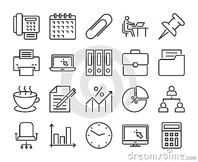 20 Office icons. Office work line icon set. Vector illustration. Editable stroke. Vector Illustration