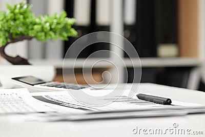 Office interior, closeup table with reports. Business financial accounting concept Stock Photo