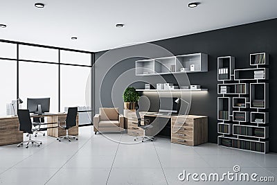 Office interior with computer, office chairs and shelves with folders Stock Photo