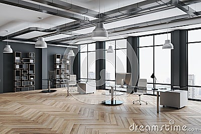 Office interior with computers, office chairs and shelves with folders Stock Photo