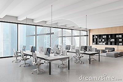 Office interior with coworking and lounge zone, shelf and panoramic window Stock Photo