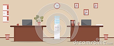 Office interior on a cream background. Tables, folders,wall calendar,laptops, clock,cup of coffee or tea,water cooler,monstera Vector Illustration