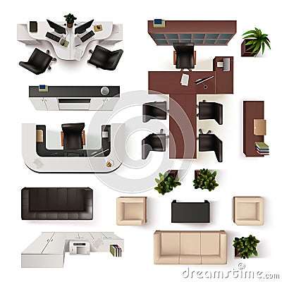 Office Interior Elements Top View Set Vector Illustration