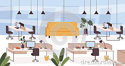 Office interior. Empty work place, room with furniture tables, chairs and couch. Modern company cabinet or coworking center vector Vector Illustration