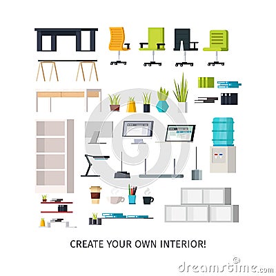 Office Interior Icons Set Vector Illustration