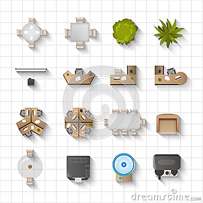 Office Interior Icons Top View Vector Illustration