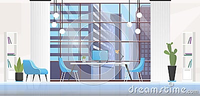 Office interior room vector illustration, cartoon flat panoramic empty workplace inside background with modern office Vector Illustration