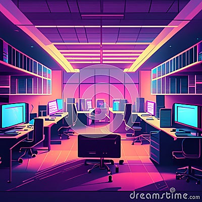 Office interior with rows of computer monitors, shelves with folders and folders. Vector illustration in cartoon style AI generate Cartoon Illustration