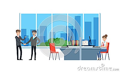 Office Interior with Working People Set, Male Partners Shaking Hands, Business Woman Working at Computer Cartoon Vector Vector Illustration