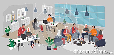 Office interior workplace with group workers communicating or talking to client or conversations between teamwork or Vector Illustration