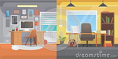 Office interiors horizontal banners. Bussines workplace with computer and table Vector Illustration