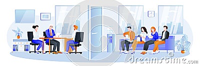 Office interview with job candidates. Recruitment, hiring and conclusion of labor contract concept. Vector illustration Vector Illustration