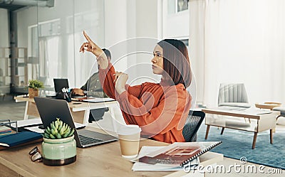 Office, invisible screen and business woman with finger for user interface, 3d hologram and ux mockup. Futuristic Stock Photo