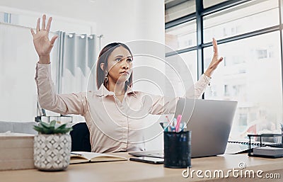 Office, invisible screen and hands of woman with vr, hologram and virtual tech for programming technology. Futuristic Stock Photo