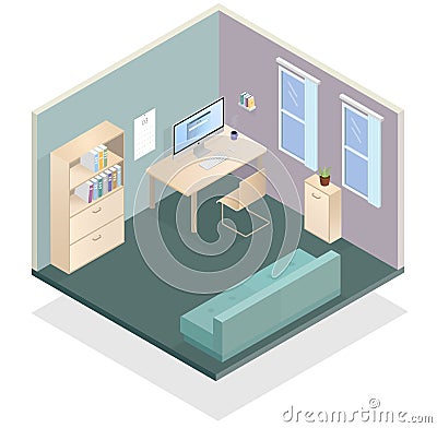 3D picture with office with a table, a sofa, a cupboard and two windows Vector Illustration