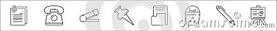 Office items line icons. linear set. quality vector line set such as presentation, pen, trash bin, folder, push pin, stapler, Vector Illustration