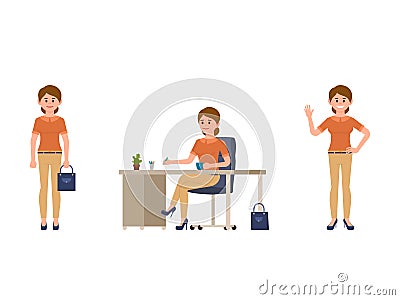 Office lady worker cartoon character. Writing, standing, waving female manager. Vector Illustration