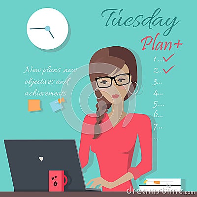 Office Lady Writing Down a Week Plan Vector Illustration