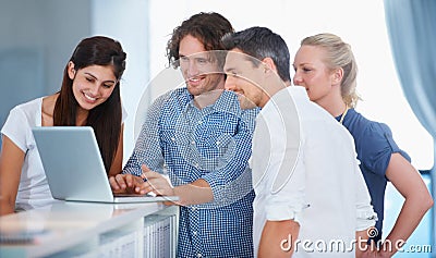 Office laptop, cooperation and team happy for online information, company revenue or sales income, insight or analytics Stock Photo