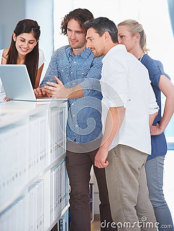 Office laptop, group collaboration and team reading online statistics, metrics or sales income data, insight or Stock Photo