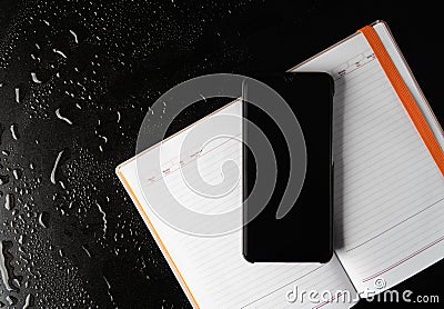 Office leather desk table with coffee and supplies. Top view with copy space gadjet Stock Photo