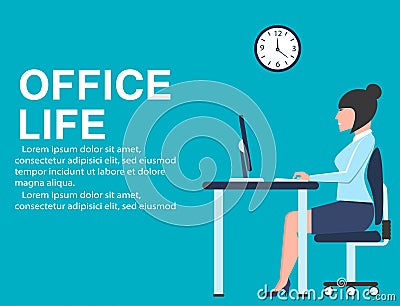 Office life banner with business woman at table Cartoon Illustration
