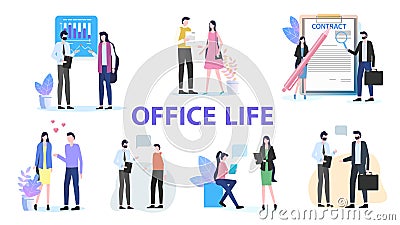 Office Life Man Woman Team Work Talk Contract Sign Vector Illustration