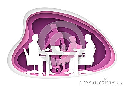 Office life scene, vector illustration in paper art craft style. Business people silhouettes having meeting, discussion. Vector Illustration