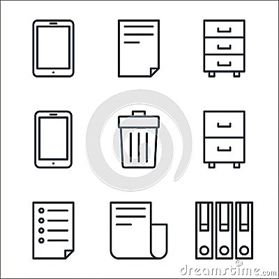 office line icons. linear set. quality vector line set such as book, file, paper, drawer, delete, device, chest of drawers, file Vector Illustration