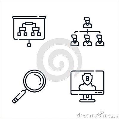office line icons. linear set. quality vector line set such as security, magnifying glass, colleagues Vector Illustration