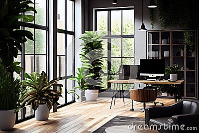 office with lush greenery and natural light, setting the scene for a relaxing working environment Stock Photo