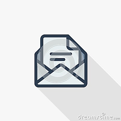 Office mail, open envelope, email thin line flat icon. Linear vector symbol colorful long shadow design. Vector Illustration