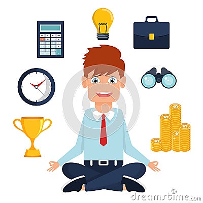 Office man meditating in the middle of busy work. Flat vector illustration Vector Illustration