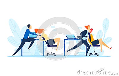 Office man person ride on chair, vector illustration. Business happy people fun relaxation at workplace, cheerful Vector Illustration