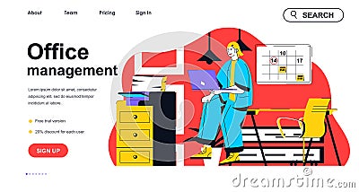 Office management concept for landing page template. Woman doing planning and organization project process. Company workflow Vector Illustration