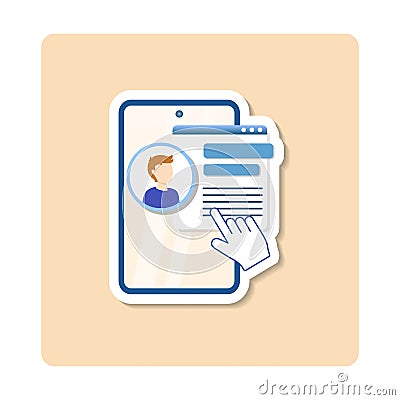 Office management sticker illustration. Man, gear, hand, screen. Editable vector graphic design. Vector Illustration