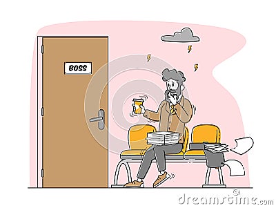 Office Manager or Businessman Sitting front of Door to Boss Cabinet Sweating and Feeling Fear, Panic Attack Disorder Vector Illustration