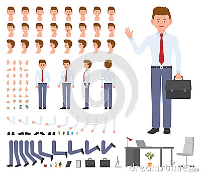 Office manager cartoon character constructor design set. Young adult worker in business clothes with briefcase standing. Vector Illustration