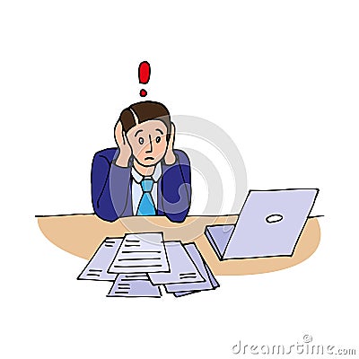 Frightened office worker, manager in a suit near a laptop Vector Illustration