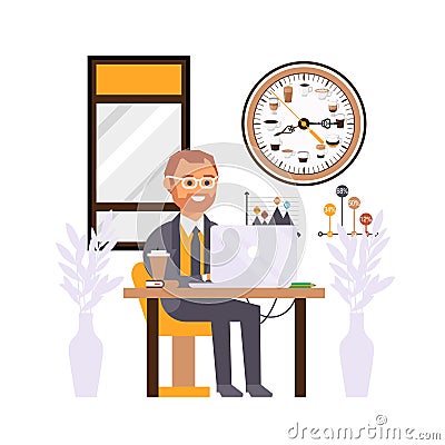 Office manager at work, creative coffee break clock on wall, people cartoon character, vector illustration Vector Illustration