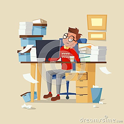 Office manager work routine vector illustration of tired frustrated man with documents, computer and coffee Vector Illustration