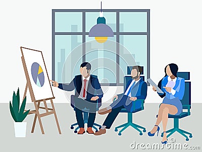 Office meeting. Employees report on the work done. In minimalist style. Flat isometric raster Cartoon Illustration