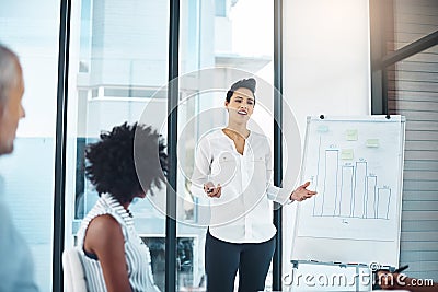 Office, meeting and woman with graph in presentation for investment planning, idea and feedback. Company, accounting and Stock Photo