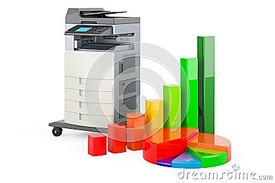 Office multifunction printer MFP with growth bar graph and pie chart, 3D rendering Stock Photo